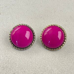 Vintage Clip Earrings Hot Pink Gold tone Edge Large Circle Round 1980s Clip-ons
